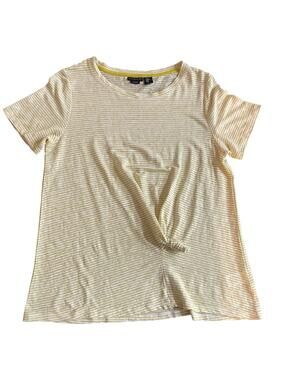 Tahari Top Womens M Yellow White Striped Linen Short Sleeve Blouse